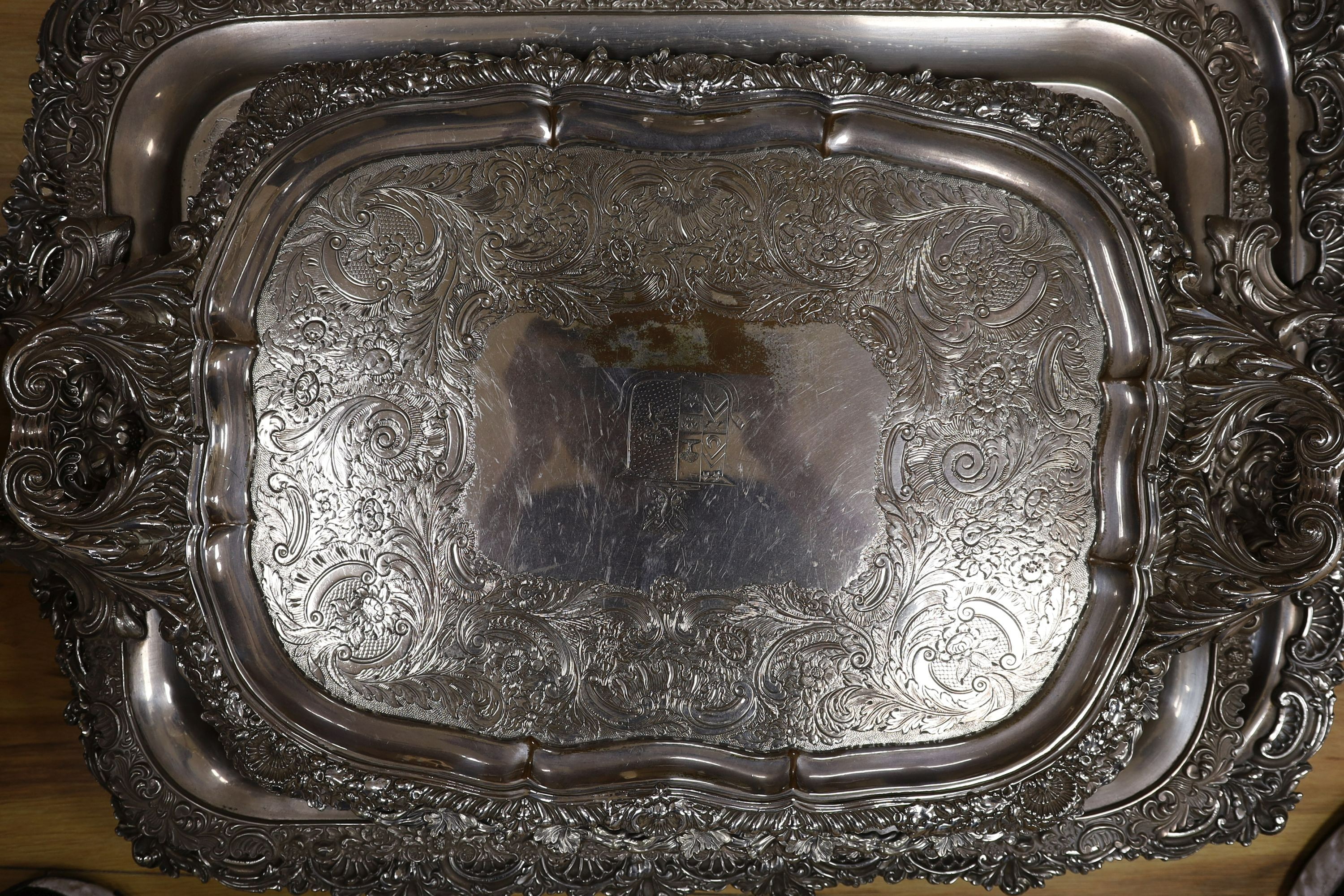 4 Victorian silver plated trays, Largest 77cm